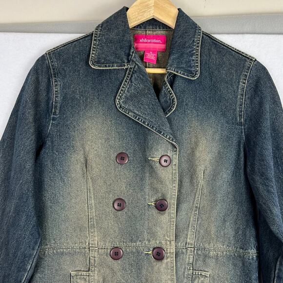 VTG 90s Xhilaration Double Breast Yellow Wash Distressed Denim Blazer Jacket M - Picture 3 of 9